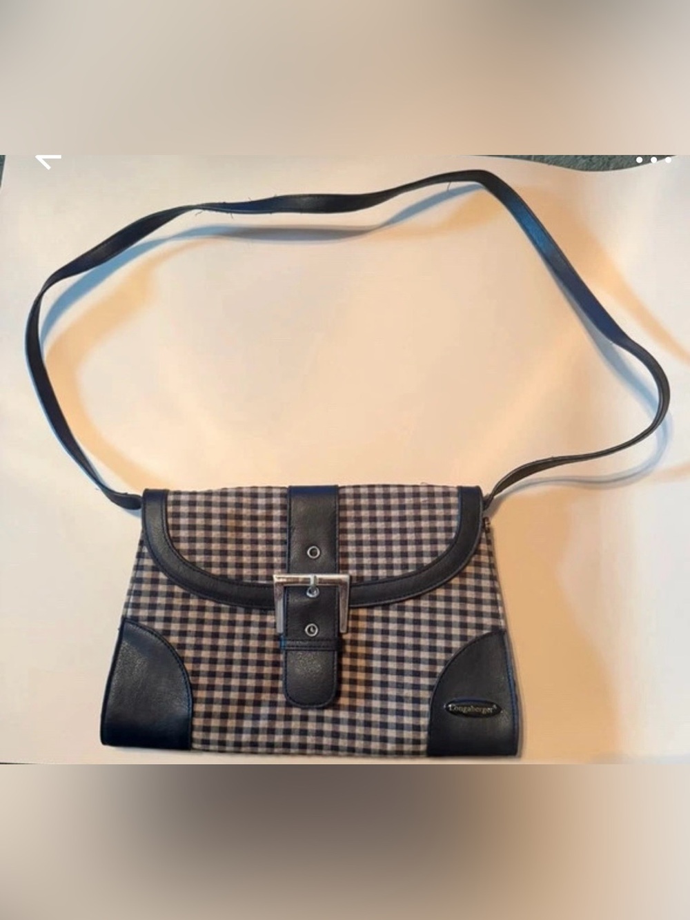 Longaberger Black & Tan Gingham Crossbody Bag with Buckle Trim